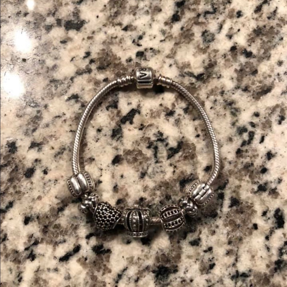 PANDORA Bracelet with Charms and Spacers and Clips